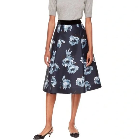 Kate Spade Night Rose Mikado Floral A-Line Midi Skirt with Pockets, Size 14 - Picture 1 of 6
